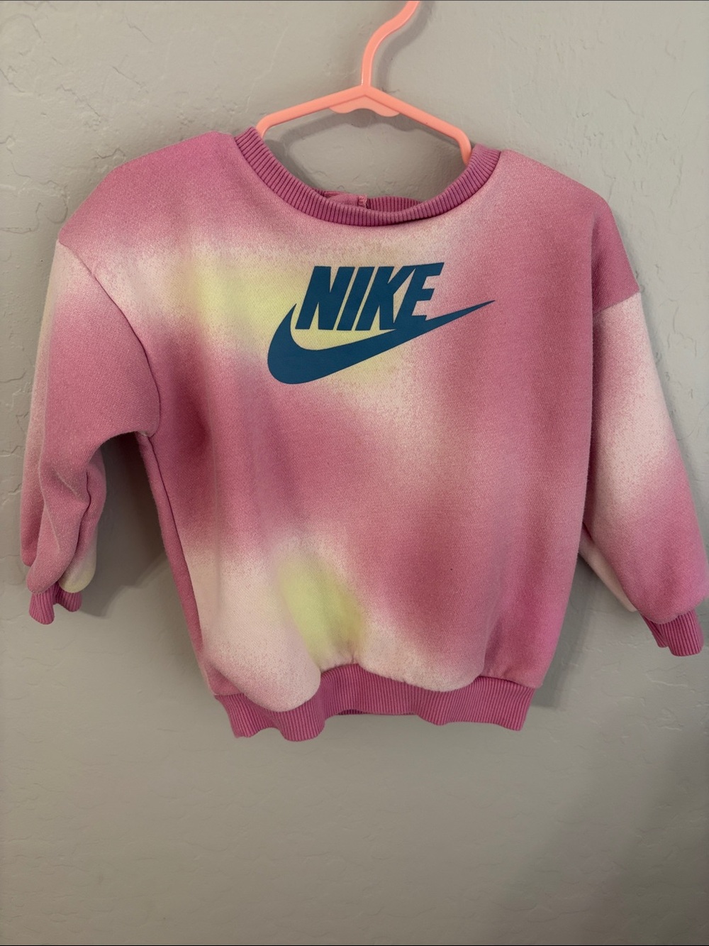 Nike toddler Pink Tie-Dye Crewneck with Blue Logo